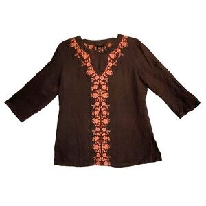 Style & Co Linen Top Womens Size 8 Brown Ornage Embroidery Boho Peasant Casual